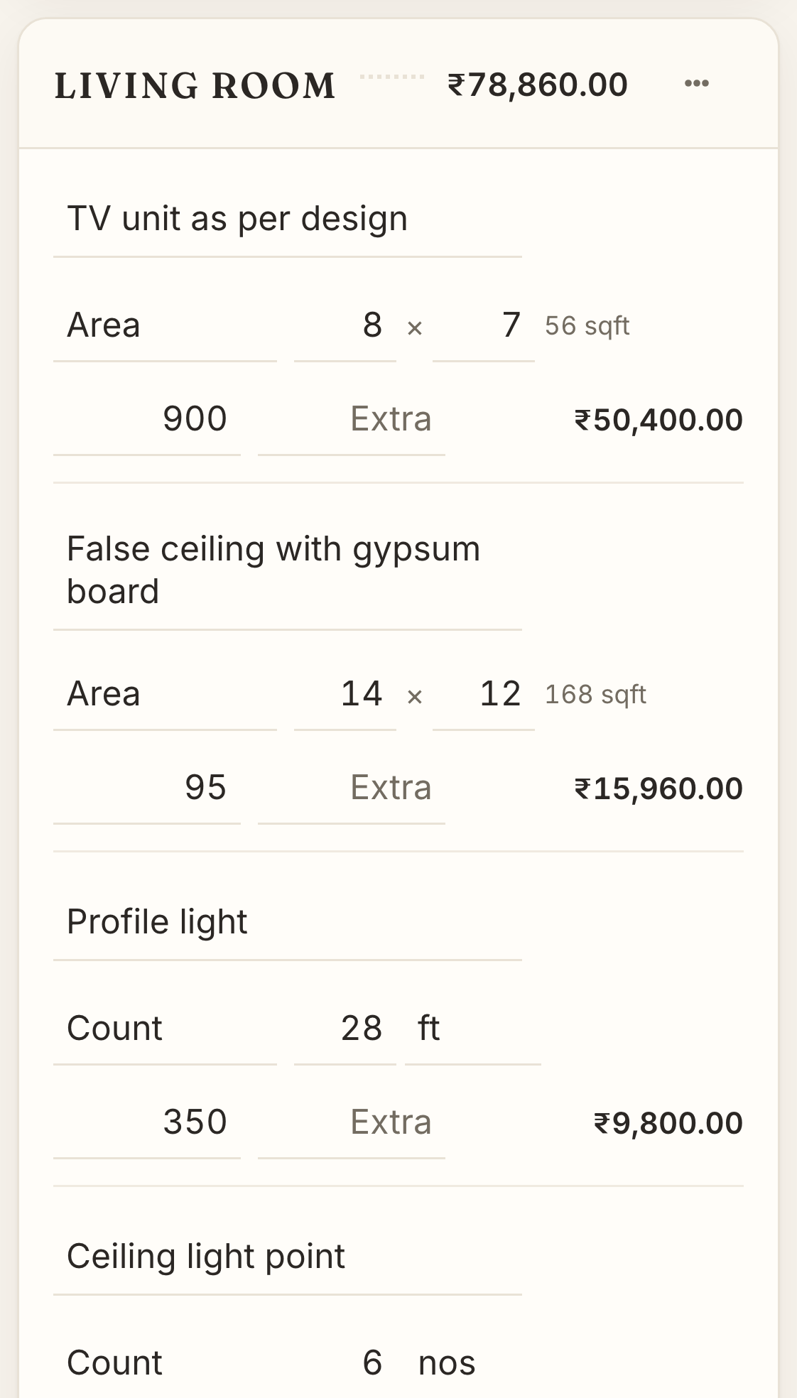 Studio's quotation editor on sample data: the living room of a 2BHK quotation, each line priced by area or count, ₹78,860 for the room.